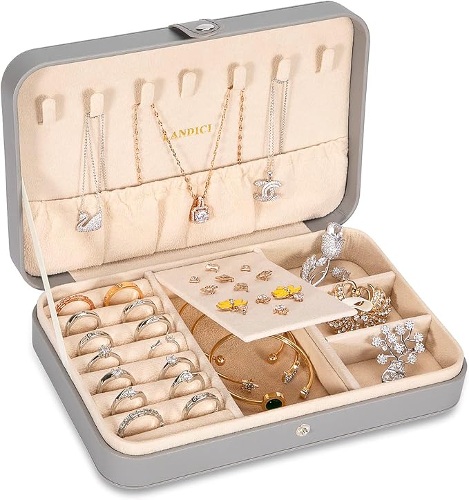 LANDICI Small Jewelry Box for Women Girls, PU Leather Travel Jewelry Case by LANDICI