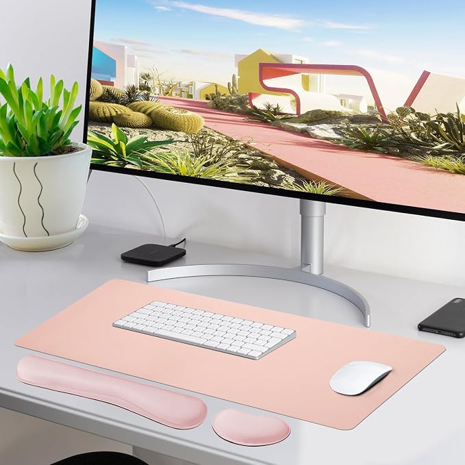 Bloss Pink Desk Mat and Keyboard Wrist Rest, Non-Slip Large Mouse Pad + - Image 2