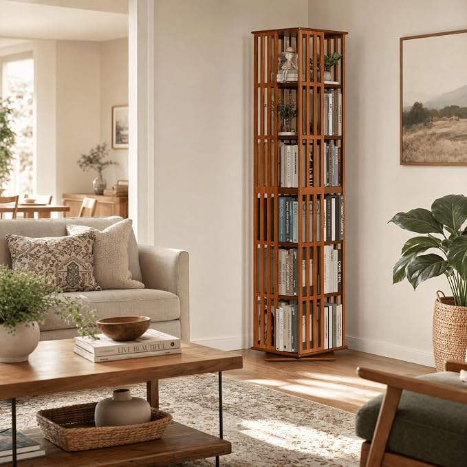 Lauxery 6-Tier Bamboo Rotating Bookshelf Tower, 74.8 in | Easy Assembly - Image 8