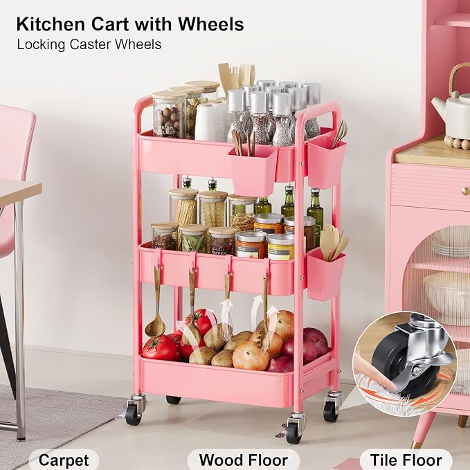 3 Tier Rolling Cart with Wheels, Metal Utility Storage Cart on Wheels, Craft - Image 6