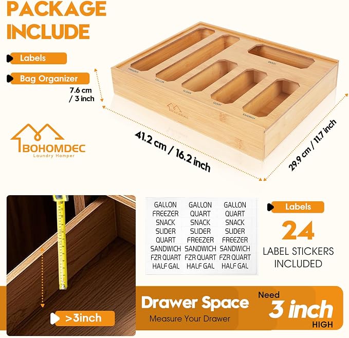 Bamboo Ziplock Bag Organizer for Kitchen Drawer & Wall Mount, Food Storage - Image 3