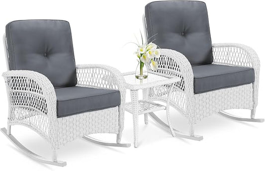 VIVIJASON 3-Piece Outdoor Conversation Bistro Set, Patio Wicker Rocking Chairs by VIVIJASON