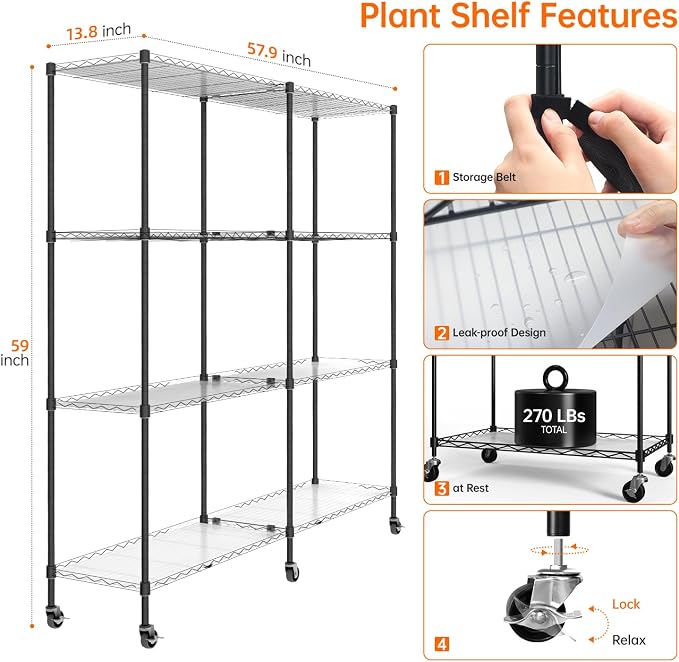 Bstrip Plant Shelf with Grow Light, 4-Tier Large Grow Light Shelf with Wheels - Image 7