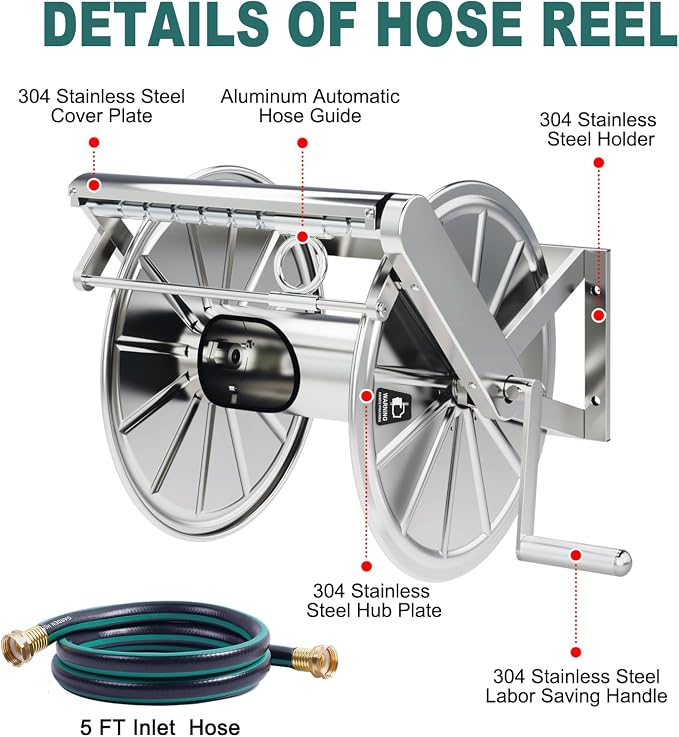 Stainless Steel Garden Hose Reel Heavy Duty, Wall Mount Water Hose Holder - Image 7