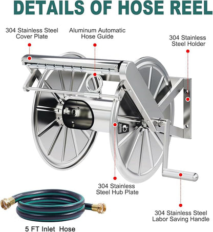 Stainless Steel Garden Hose Reel Heavy Duty, Wall Mount Water Hose Holder - Image 7