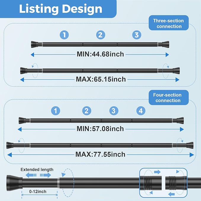Tension Curtain Rod 45-77 Inch 2Pack Black Shower Tension Rod Adjustable - Image 2