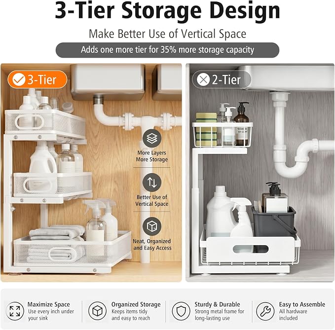 Under Sink Organizer, 3 Tier Pull Out Cabinet Organizer - Image 4