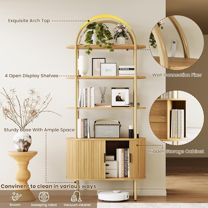 BREEZEHEAT Fluted Arched Bookshelf, 4-Tier Open Display Storage Shelf, and - Image 3