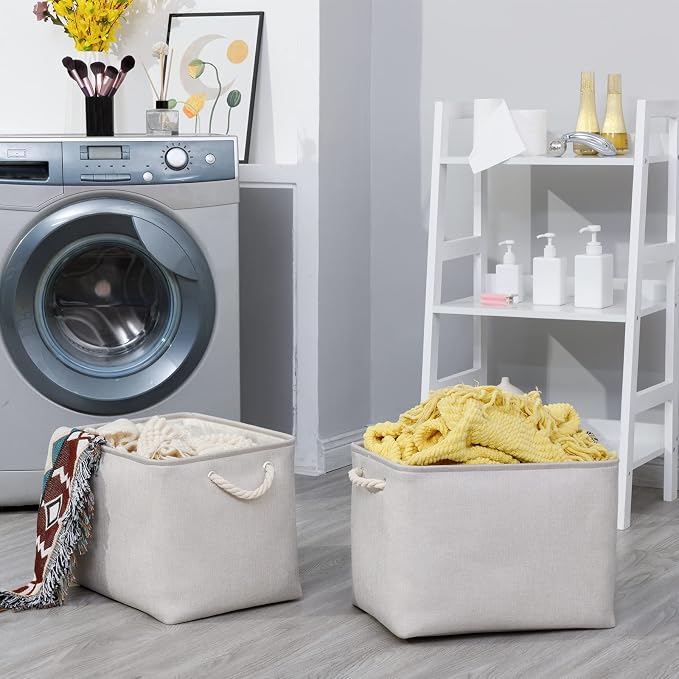 Bidtakay Large Fabric Storage Bins Beige Linen Closet Organizers Set of 2 - Image 2