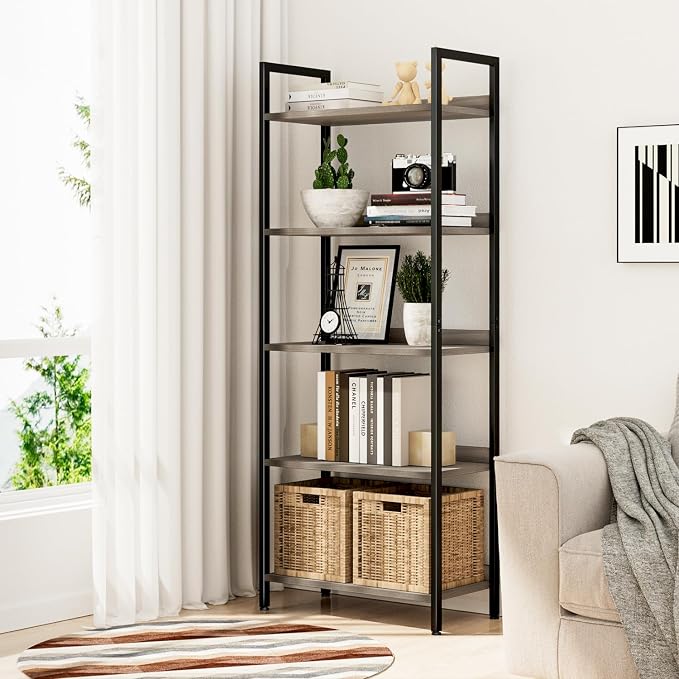 NUMENN Bookshelf, 5 Tier Freestanding Shelving Unit, Falling Prevention Baffle - Image 2