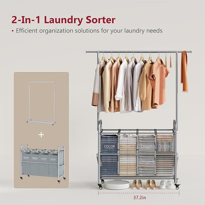 Tajsoon Laundry Sorter with Hanging Bar, 4 Section Rolling Laundry Hamper with - Image 3