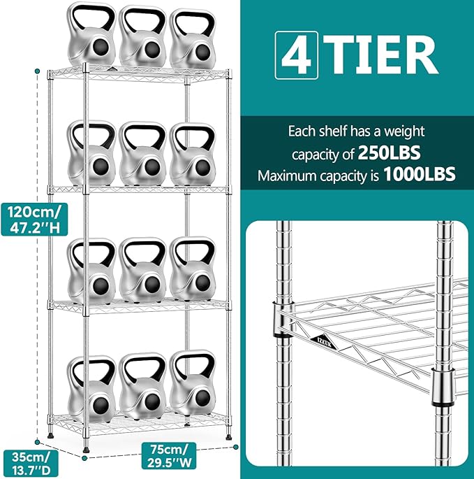 IZEUK 4-Tier Heavy Duty Steel Storage Shelves, Metal Shelf Wire Shelving Rack - Image 3