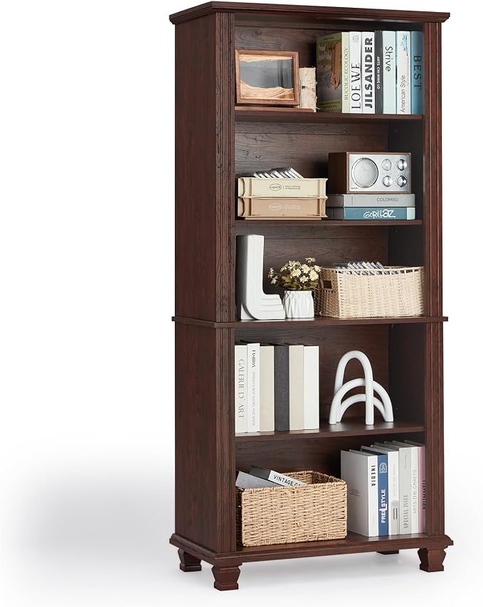 70" Tall Walnut Bookshelf, 5 Tier Wooden Book Shelf by SAVORLIFEFurniture