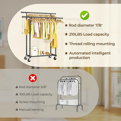 HYSEYY Double Rods Clothes Rack, Rolling Clothing Rack - Image 5