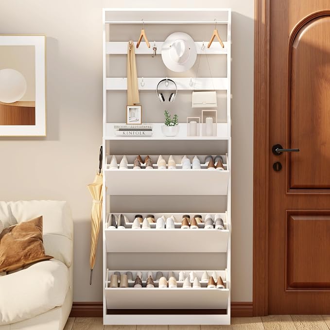 Shoe Cabinet for Entryway with 3 Flip Drawers, Narrow Hidden Slim Freestanding - Image 9