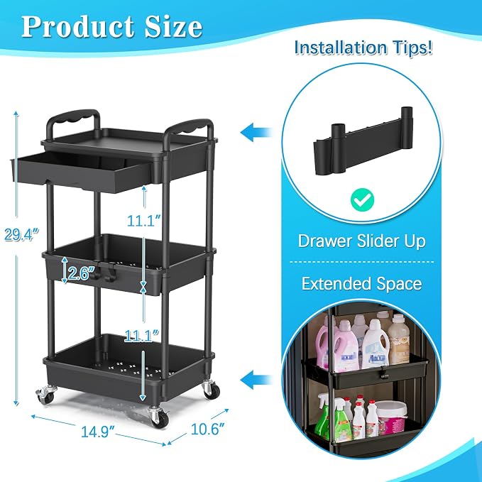 SUNALLY 3 Tier Rolling Cart - Image 2