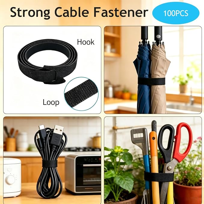 100pcs Reusable Cable Ties 7.8 In |Adjustable Cord Straps&Wire Wraps|Hook and - Image 7