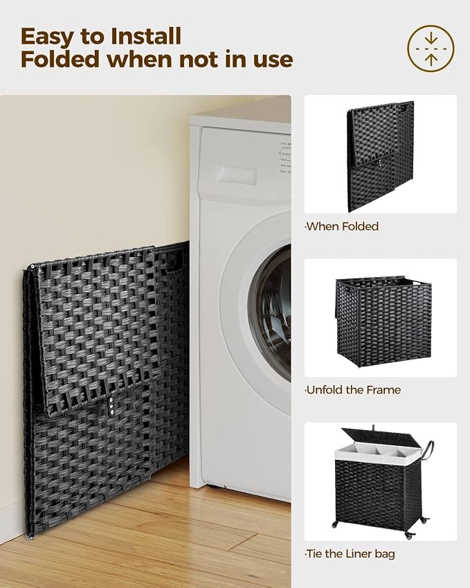 Greenstell Laundry Hamper with Wheels&Lid, 130L Large 3 Sections Clothes Hamper - Image 8