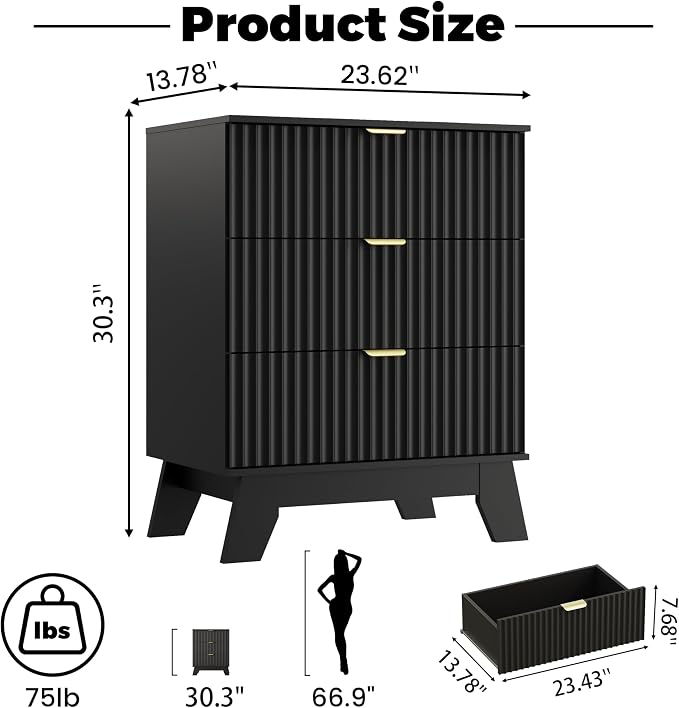 Black Night Stand with 3 Drawers, Bedside Table & End Table, Farmhouse Night - Image 2