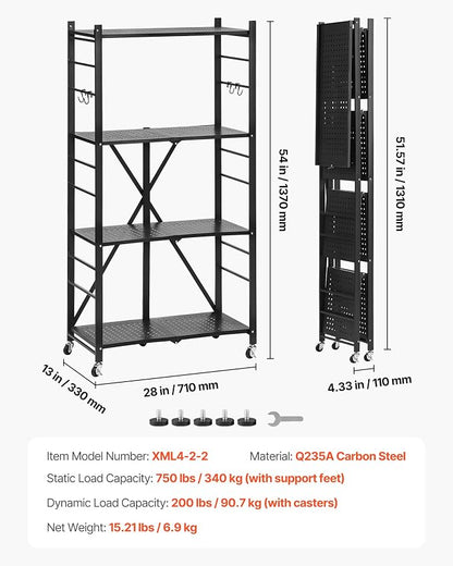 VEVOR 4-Tier Foldable Storage Shelf, 28W x 13D x 54H Inch Folding Metal Rack - Image 2