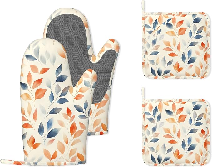 Autumn Leaves Heat-Resistant Silicone Oven Mitts and Pot Holder 4 Piece Set by Unknown