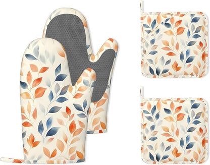 Autumn Leaves Heat-Resistant Silicone Oven Mitts and Pot Holder 4 Piece Set by Unknown