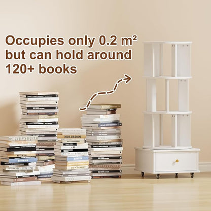 3-Tier Rotating Bookshelf with Drawers on Wheels, 360° Spinning Corner Bookcase - Image 7