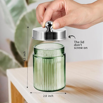 Amolliar Sage Green Qtip Holder, Glass Apothecary Jar Metal Lid & Sticker - Image 2
