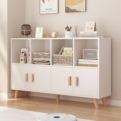 8-Cube Bookcase with Doors, 2-Tier Low Storage Cabient, Warm White | Solid Wood by OSCHF
