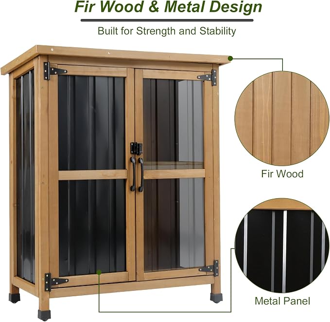 Ketive Outdoor Storage Cabinet, Wood & Metal Small Garden Tool Storage Cabinet - Image 5