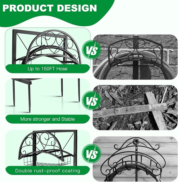 Garden Hose Holder Stand with Storage Basket, Heavy Duty Freestanding Metal - Image 4