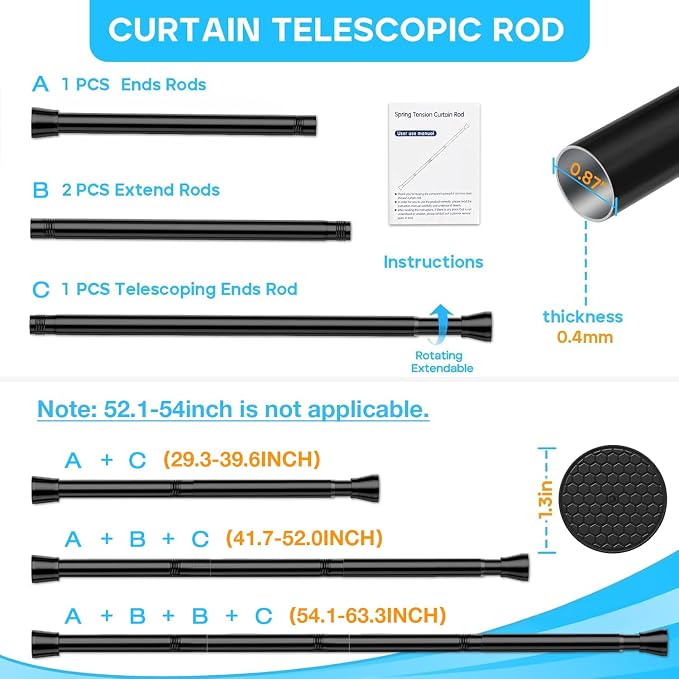 2 Pack Black Tension Curtain Rod 30 to 64 Inch, Adjustable Curtain Rod - Image 2