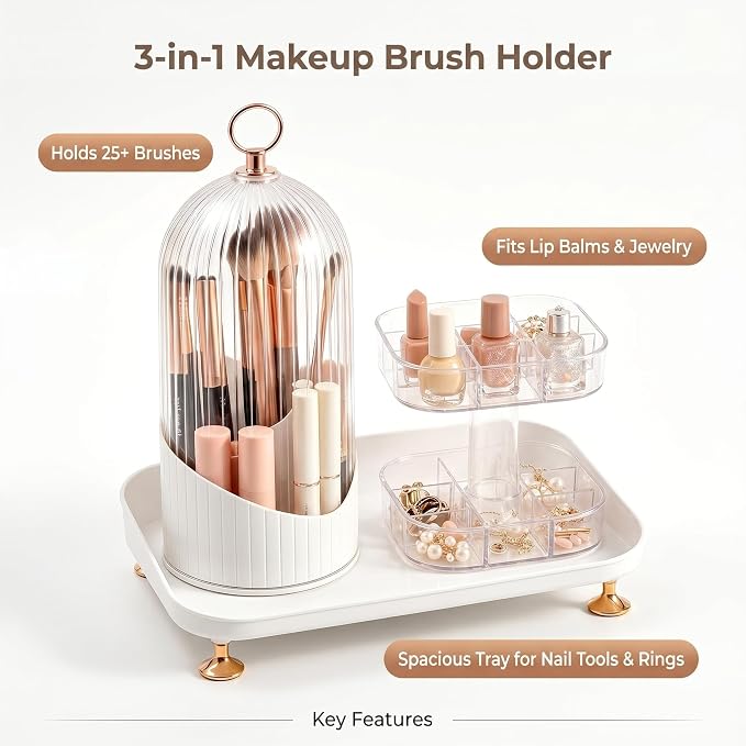 Makeup Brush Holder with Lid, 360 Rotating 3-in-1 Acrylic Organizer - Image 6