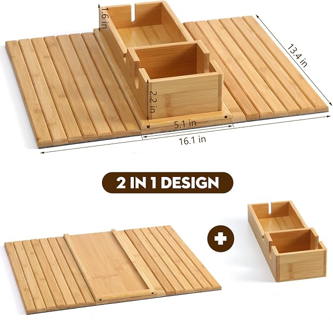 Bamboo Couch Arm Tray with Detachable Cup Holder, 2 in 1 Foldable Anti-Falling - Image 6