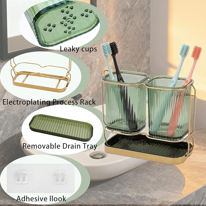 2-Pack Green Toothbrush Holders, Wall Mounted or Countertop Toothbrush Holders - Image 3