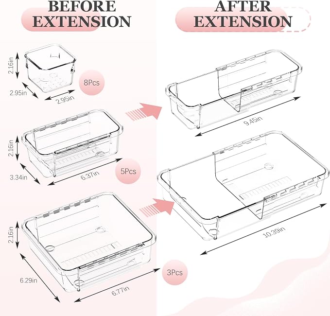 DILIBRA 16 Pcs Clear Extendable Drawer Organizer, Adjustable Drawer Storage - Image 2