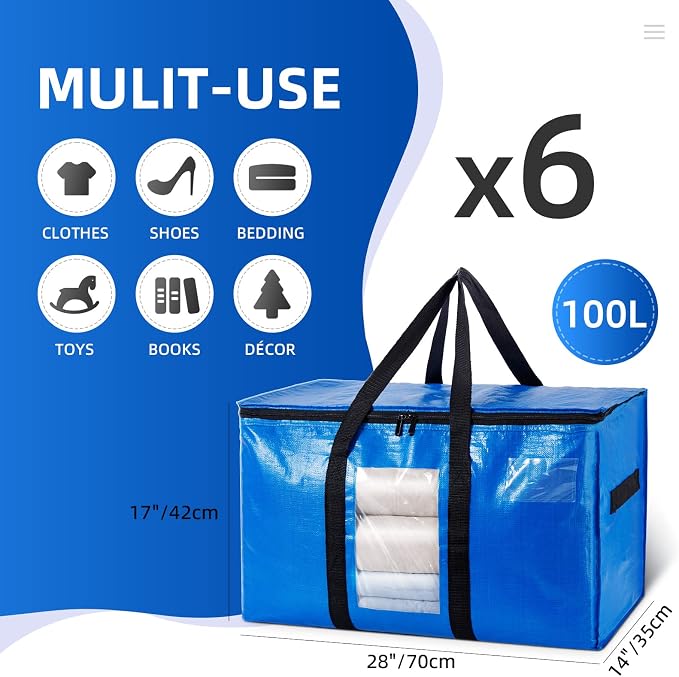 TAILI Extra Large Moving Bags, 6 Pack Blue Heavy Duty Totes - Image 6