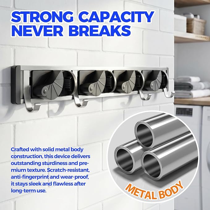 Holikme Mop Broom Holder Wall Mount Metal Pantry Organization and Storage - Image 2