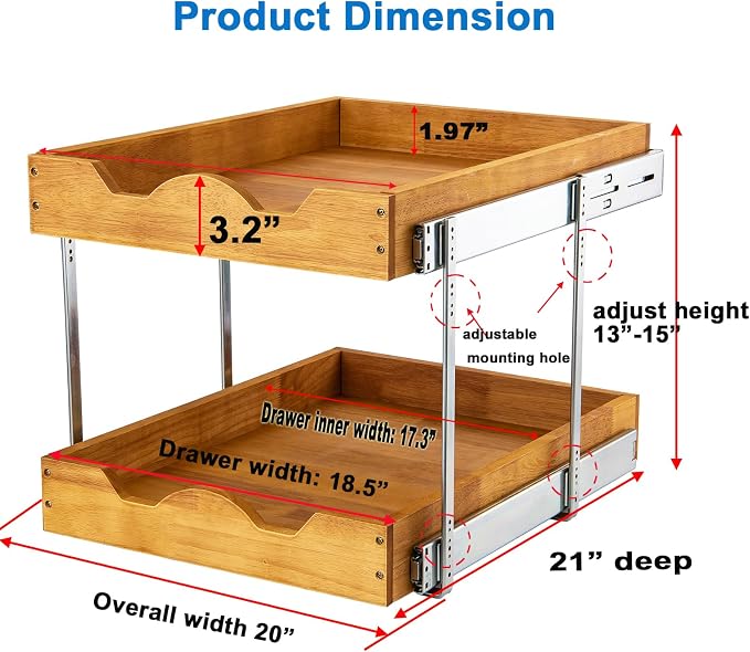 DINDON 2 Tier Pull Out Cabinet Organizer Wood And Metal Double Tier Slide Out - Image 2