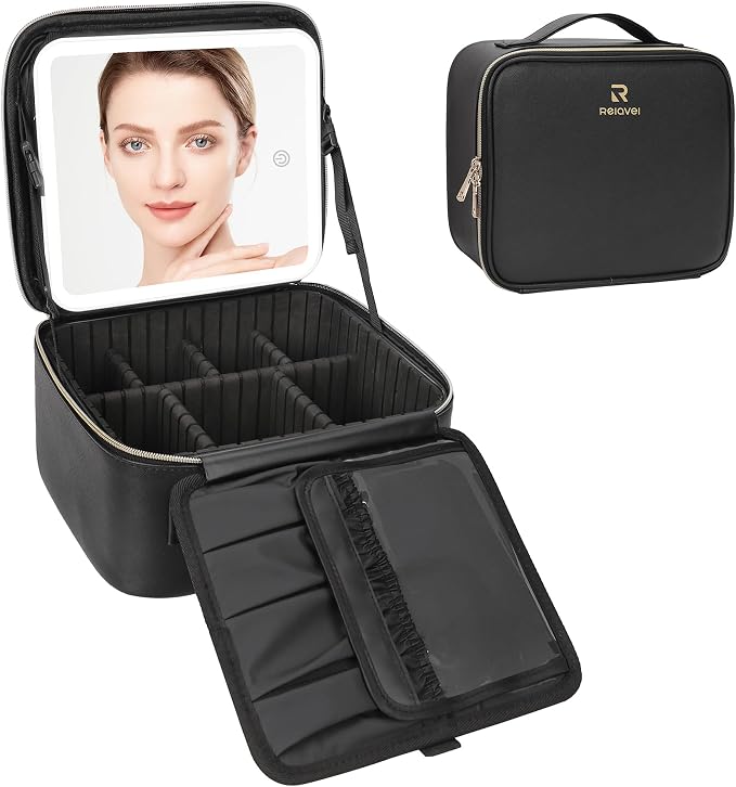 Relavel Travel Makeup Bag With LED Mirror, Cosmetic Train Case with Light up - Image 8