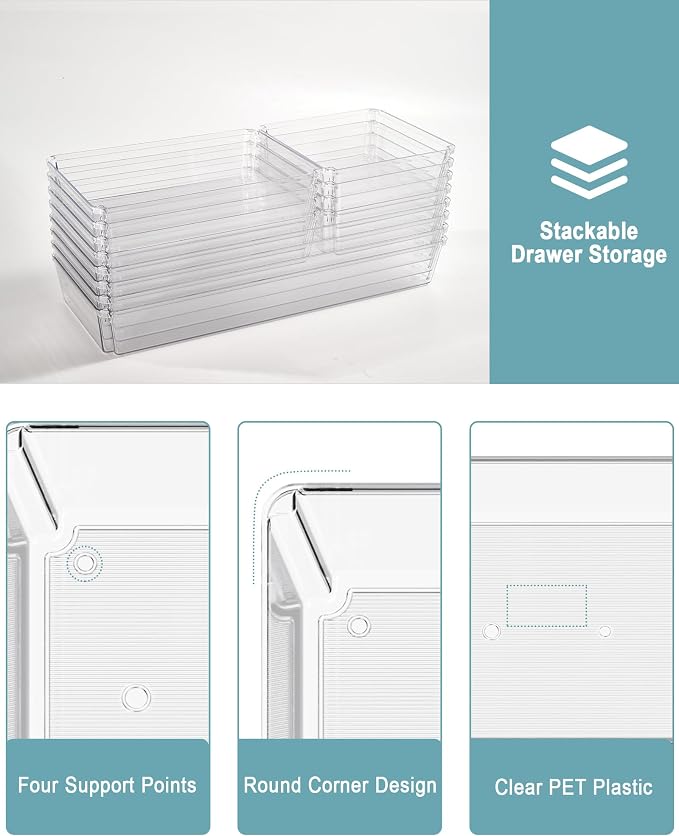 9 Pack Large Clear Plastic Drawer Organizer Trays, Desk Drawer Organizers and - Image 3