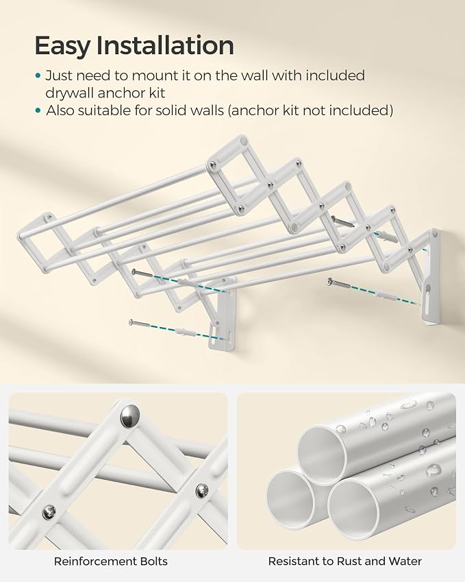 SONGMICS Clothes Drying Rack, Wall-Mounted Drying Rack Clothing, Small - Image 3