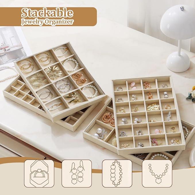 Large Jewelry Drawer Organizer Trays Set of 4, Stackable Velvet Jewelry Trays - Image 4