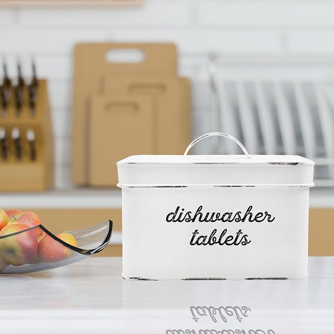 AuldHome Design Dishwasher Pod Holder, Tablet Container; White Enamelware - Image 2