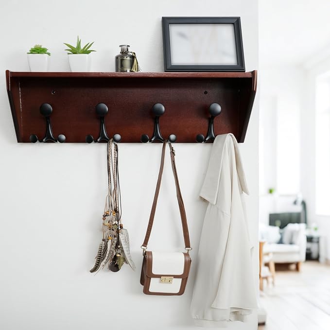 WEBI Wall Shelf with Hooks Underneath, 24” Long Wall Mounted Coat Rack with - Image 2