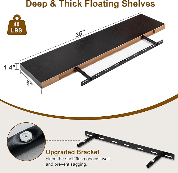 Fun Memories Black Floating Shelves 36 Inch Long, 8 Inch Deep Floating Shelf - Image 3
