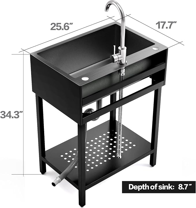 26" Freestanding Stainless Steel Utility Sink, Single Bowl Kitchen Sinks - Image 4