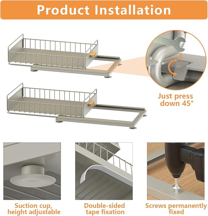 Under Sink Organizer, Single Tier Metal Pull Out Sliding Drawer Shelf - Image 2