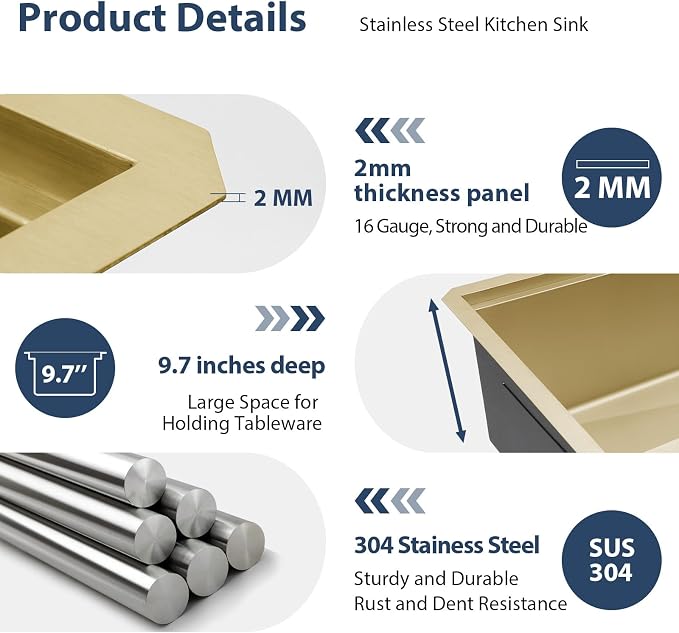 Lordear Gold Undermount Kitchen Sink 33" x 19" Stainless Steel Sinks 16 Gauge - Image 8