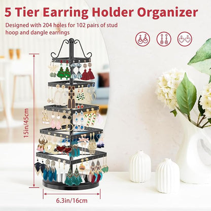 MODOWEY 5 Tier Metal Rotating Earring Holder Organizer Tree Display, Square | - Image 2